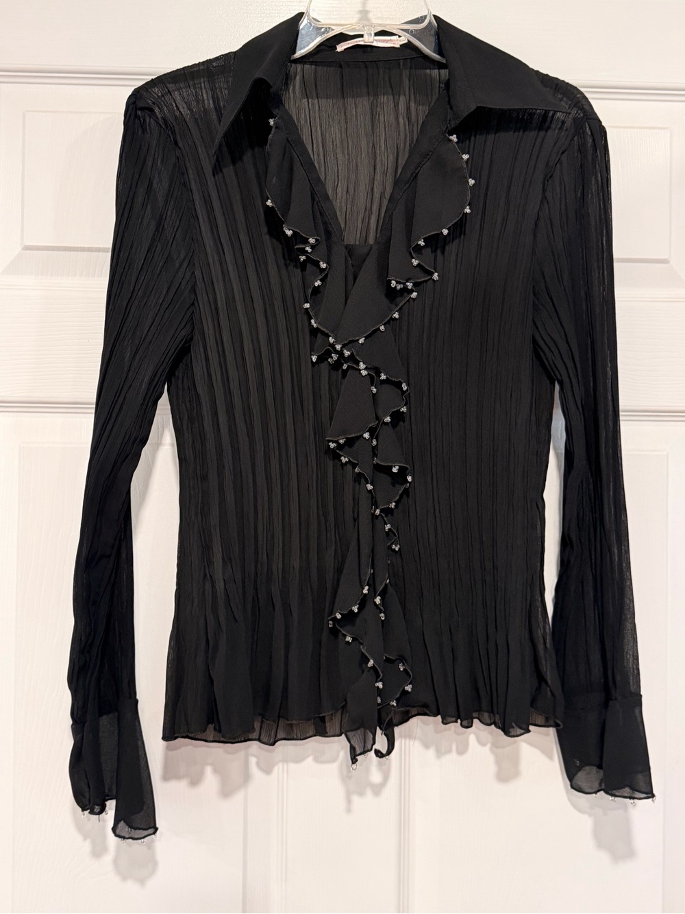 Pretty Angel Black Sheer Ruffled Long-Sleeve Blouse Crystal Bead Accents